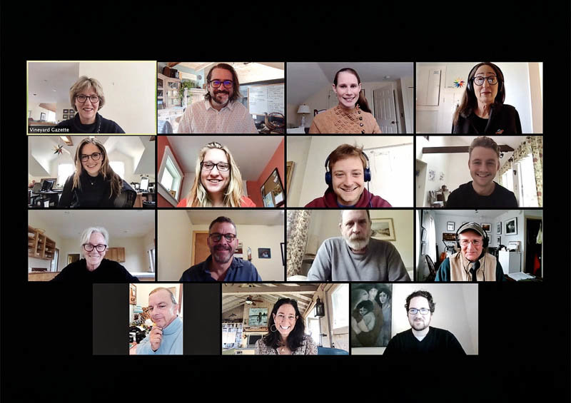 The Vineyard Gazette won the EPPY for Best Weekly or Non-Daily Newspaper Website with under 1 million unique monthly visitors. Gathered on a Zoom call, the newsroom includes: Top row: Jane Seagrave, publisher; Graham Smith, webmaster; Hilary Wallcox, librarian; Louise Hufstader, reporter. Second row: Maia Coleman, reporter; Nicole Mercier, calendar editor; Noah Asimow, news editor; Aaron Wilson, reporter. Third row: Julia Wells, editor; Bill Eville, managing editor; Steve Durkee, art director; Mark Lovewell, staff photographer. Bottom row: Tim Johnson, contributing photographer; Jeanna Shepard, contributing photographer; Ray Ewing, contributing photographer. (Image provided)
